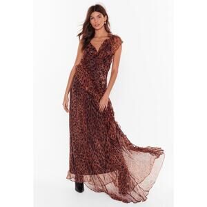 New Nasty Gal Black Magic Leopard Chiffon Ruffle Maxi Dress Long 4 Brown Formal